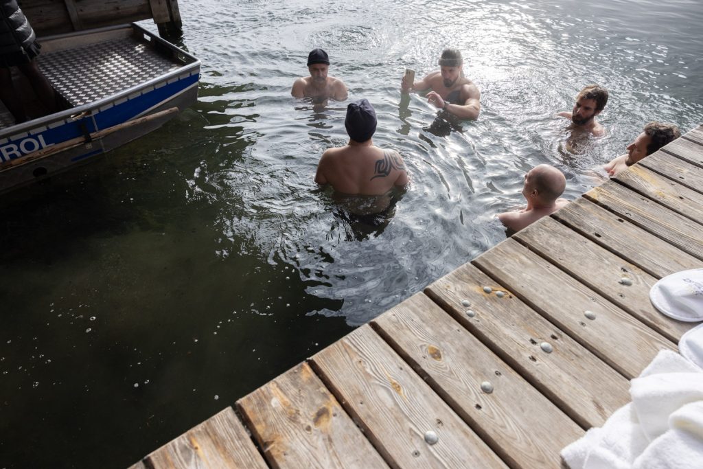 Preparing and entering the ice cold water!