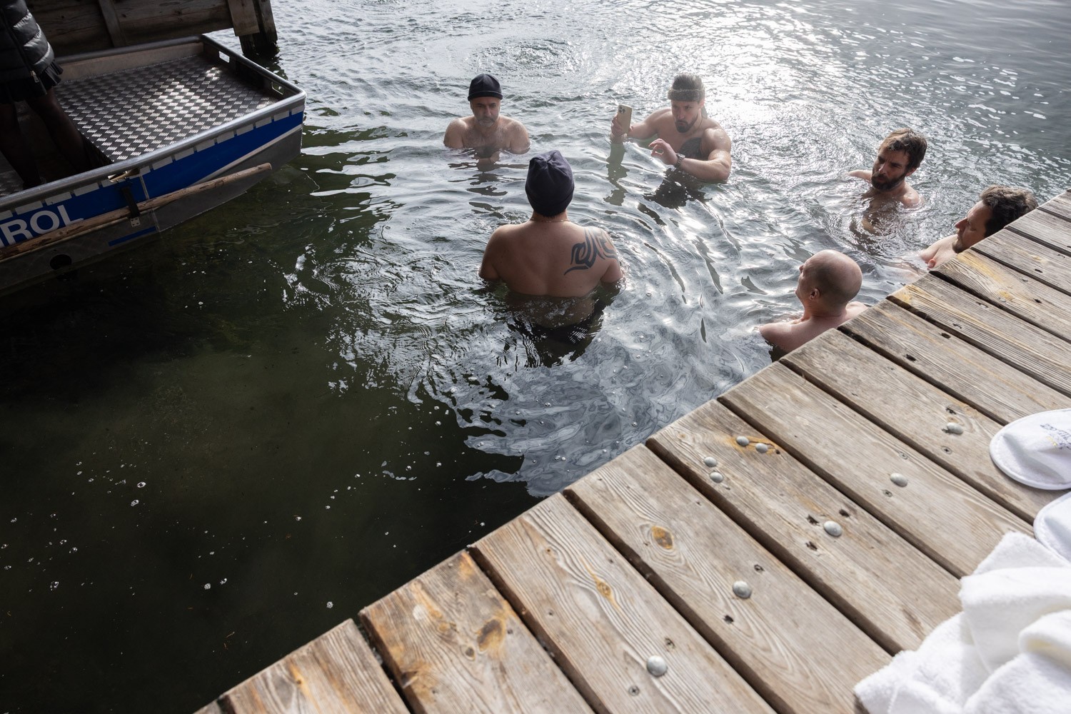 Preparing and entering the ice cold water!