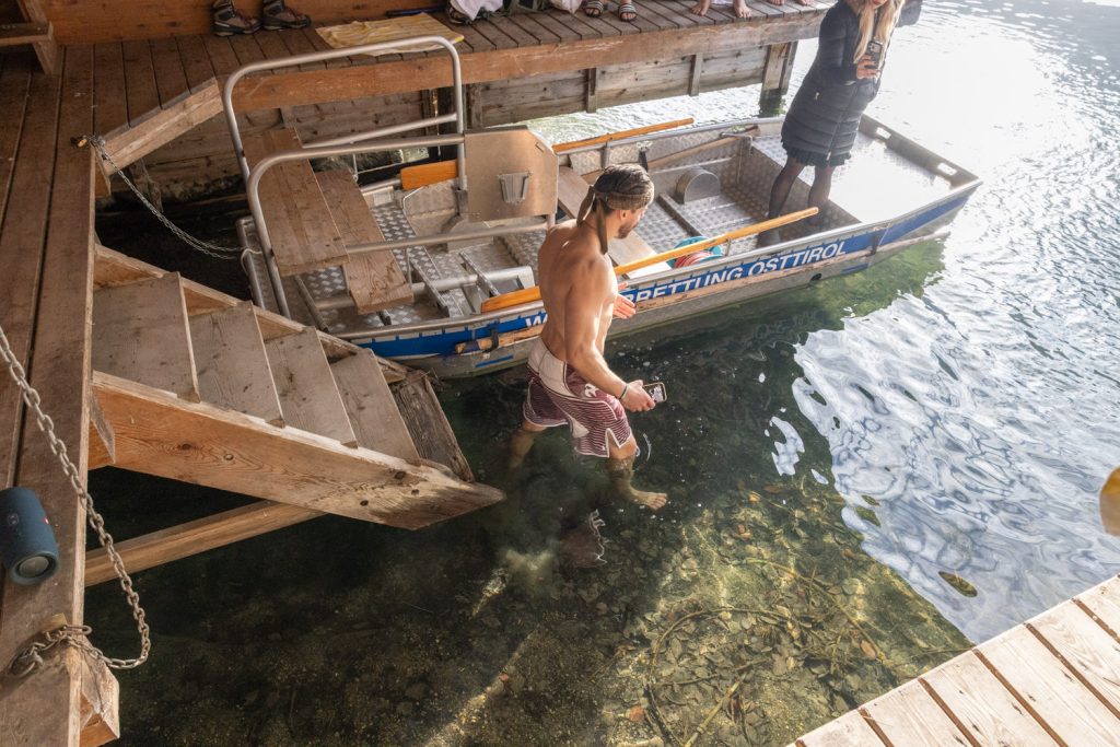 Preparing and entering the ice cold water!